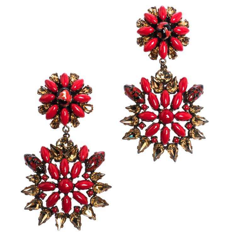 Pre Owned Etro Multicolor Crystal Flower Gold Tone Clip-on Drop Earrings