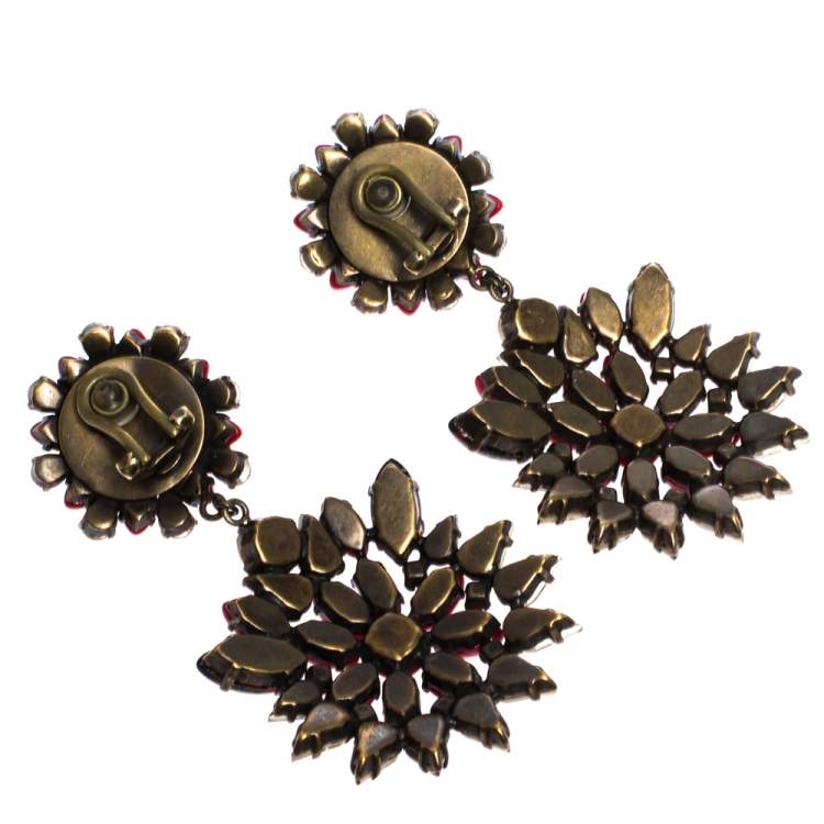 Pre Owned Etro Multicolor Crystal Flower Gold Tone Clip-on Drop Earrings