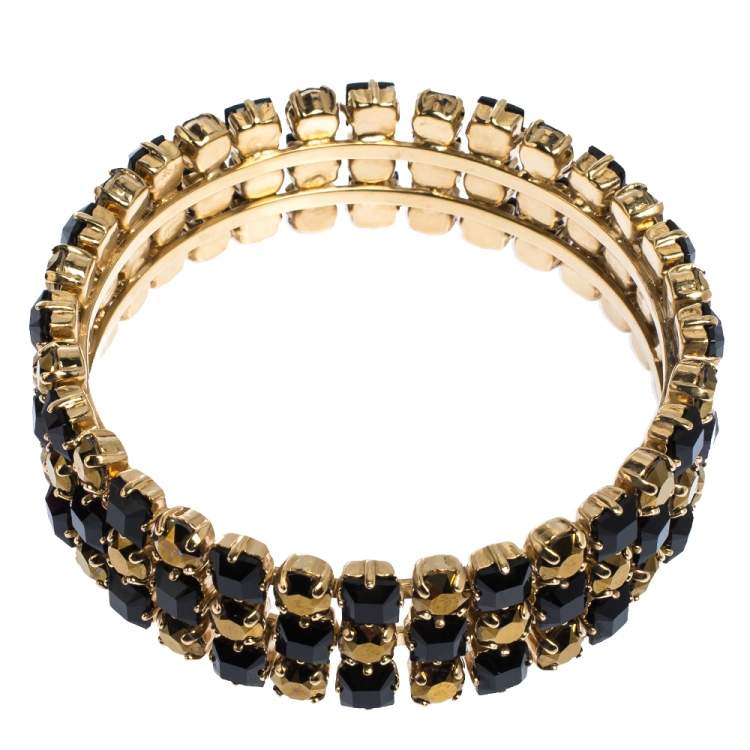 Pre Owned Etro Bi-color Crystal Gold Tone Wide Bangle Bracelet