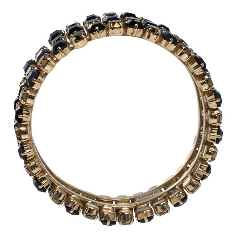 Pre Owned Etro Bi-color Crystal Gold Tone Wide Bangle Bracelet