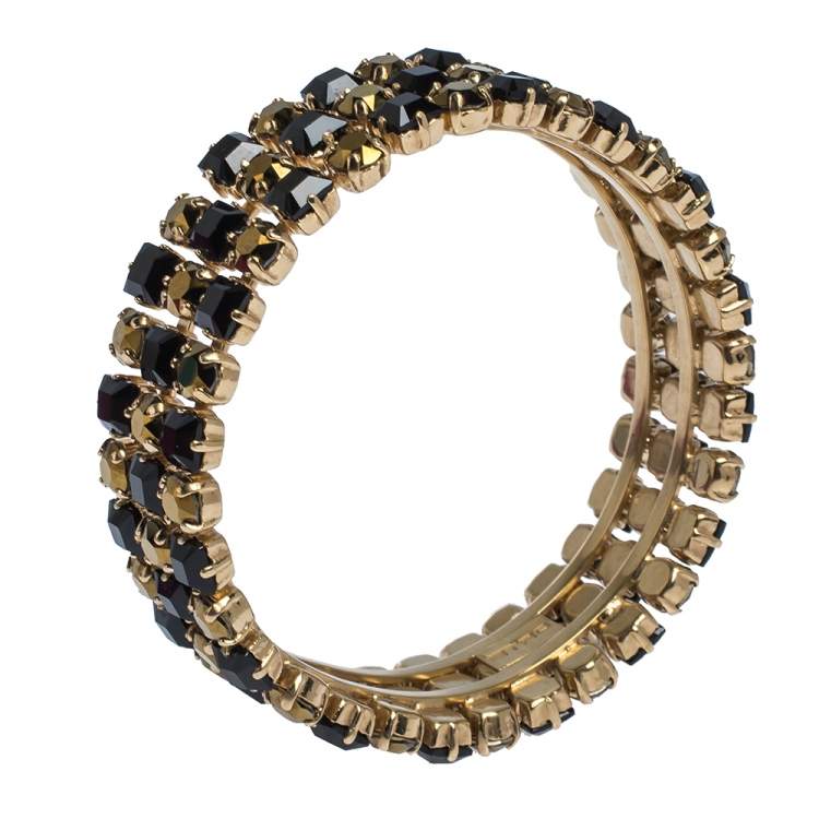 Pre Owned Etro Bi-color Crystal Gold Tone Wide Bangle Bracelet