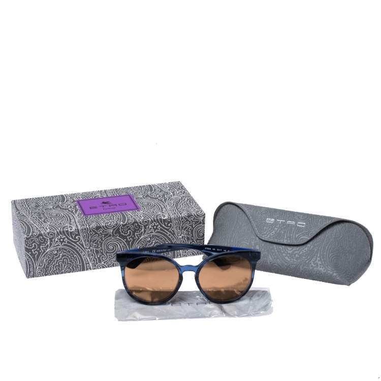 Pre Owned Etro Blue Havana/ Gold Mirrored ET660S Round Sunglasses