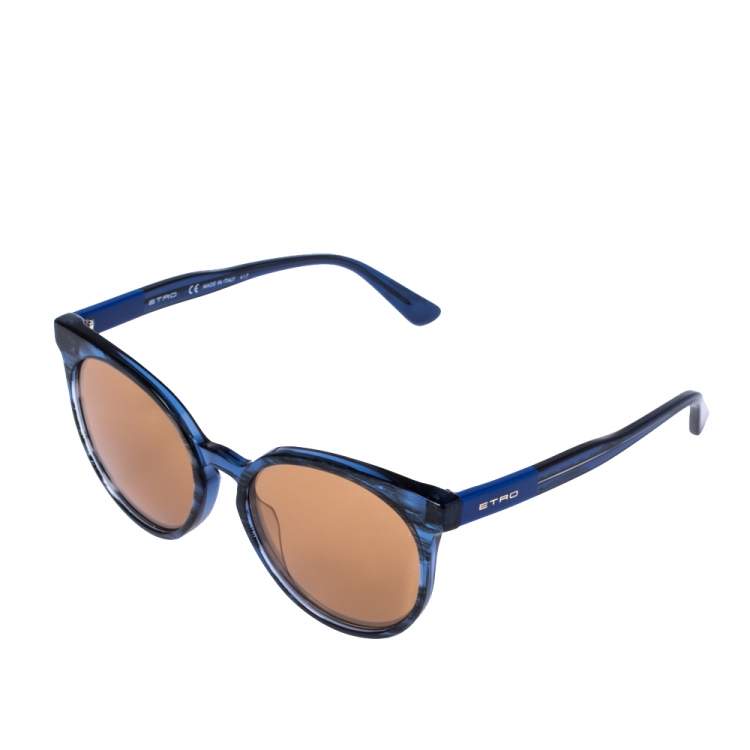Pre Owned Etro Blue Havana/ Gold Mirrored ET660S Round Sunglasses