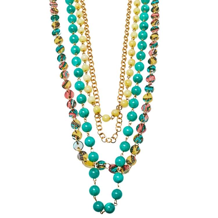 Pre Owned Etro Multicolor Multistrand Beads Gold Tone Necklace