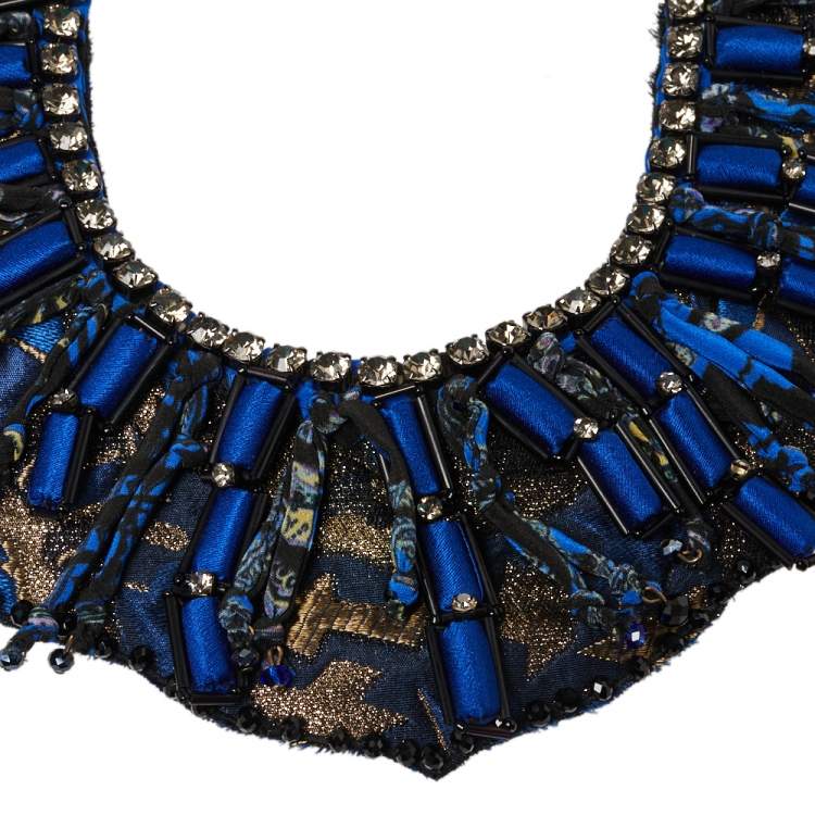 Pre Owned Etro Blue Silk Brocade Crystal and Bead Statement Necklace