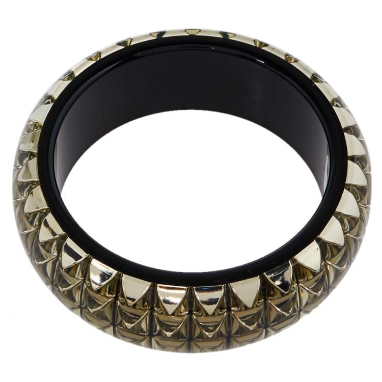 Pre Owned Etro Black & Clear Resin Stud Inlay Wide Bangle Bracelet 