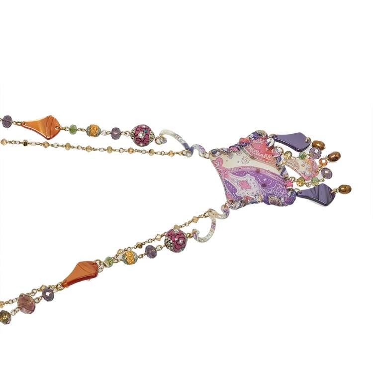 Pre Owned Etro Multicolor Beaded Paisley Print Pendant Necklace