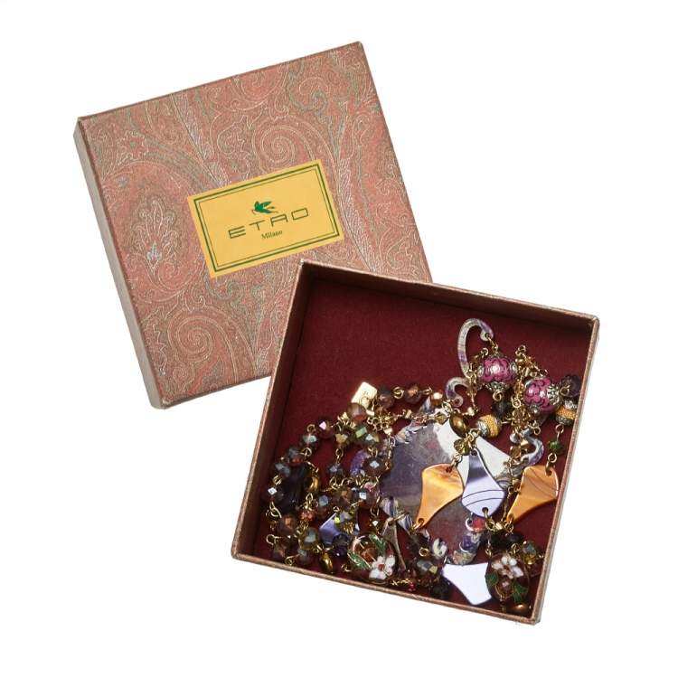 Pre Owned Etro Multicolor Beaded Paisley Print Pendant Necklace