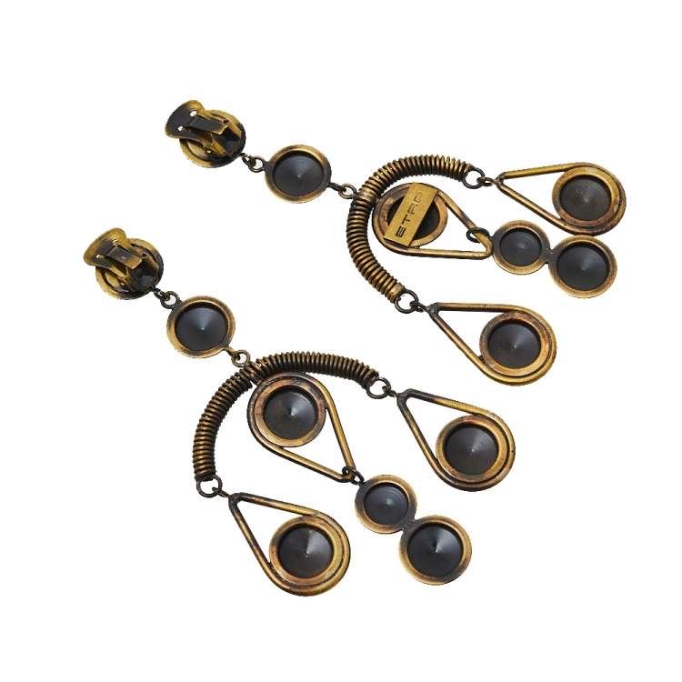 Pre Owned Etro Aged Gold Tone Dangle Clip On Earrings