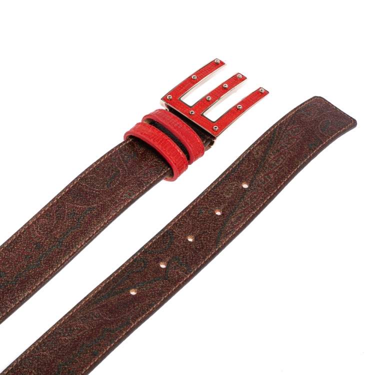 Pre Owned Etro Brown Paisley Printed Coated Canvas Buckle Belt 90 CM