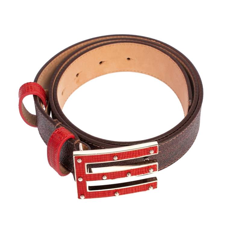 Pre Owned Etro Brown Paisley Printed Coated Canvas Buckle Belt 90 CM