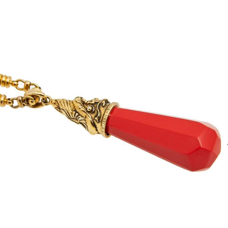 Pre Owned Etro Red Composite Gold Tone Metal Pendant Necklace