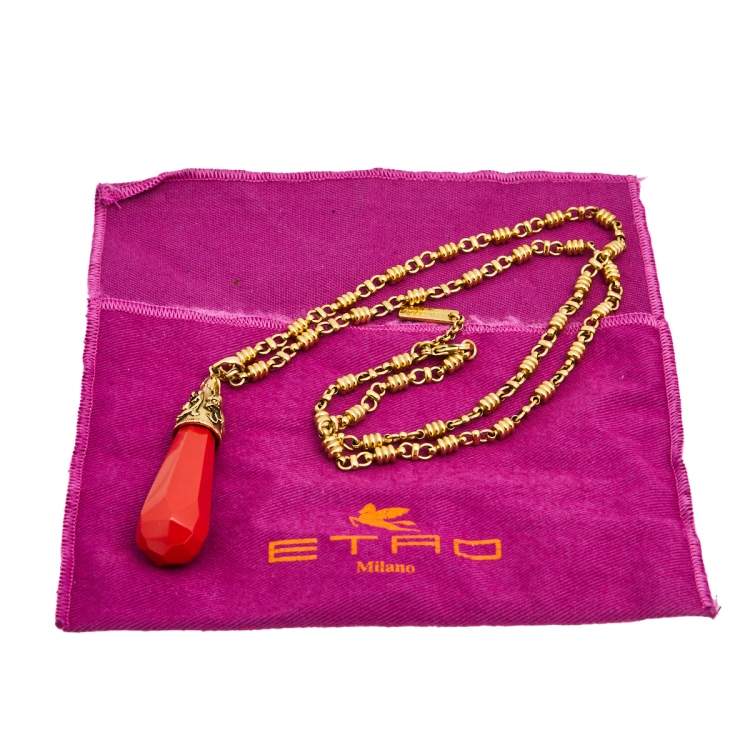 Pre Owned Etro Red Composite Gold Tone Metal Pendant Necklace