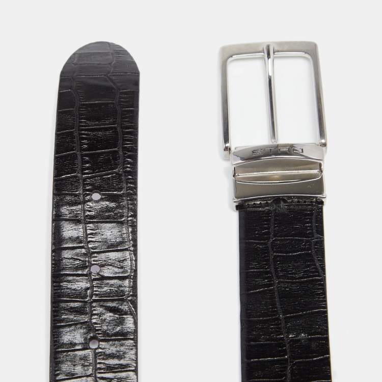 Pre Owned Etro Black/Purple Croc Embossed Leather Reversible Cut to Size Buckle Belt