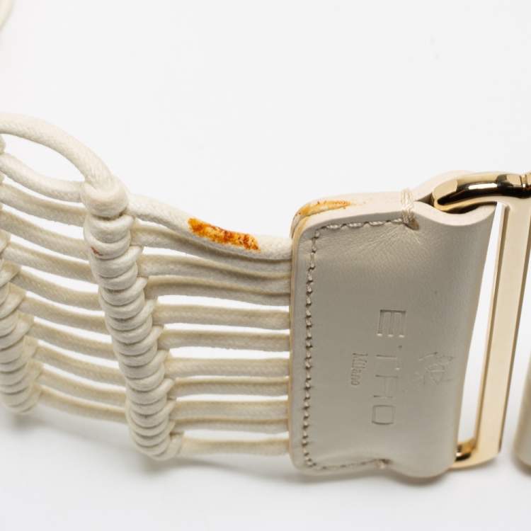 Pre Owned Etro White Leather And Woven Rope Waist Belt 90CM