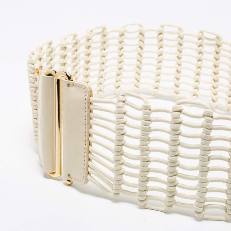 Pre Owned Etro White Leather And Woven Rope Waist Belt 90CM