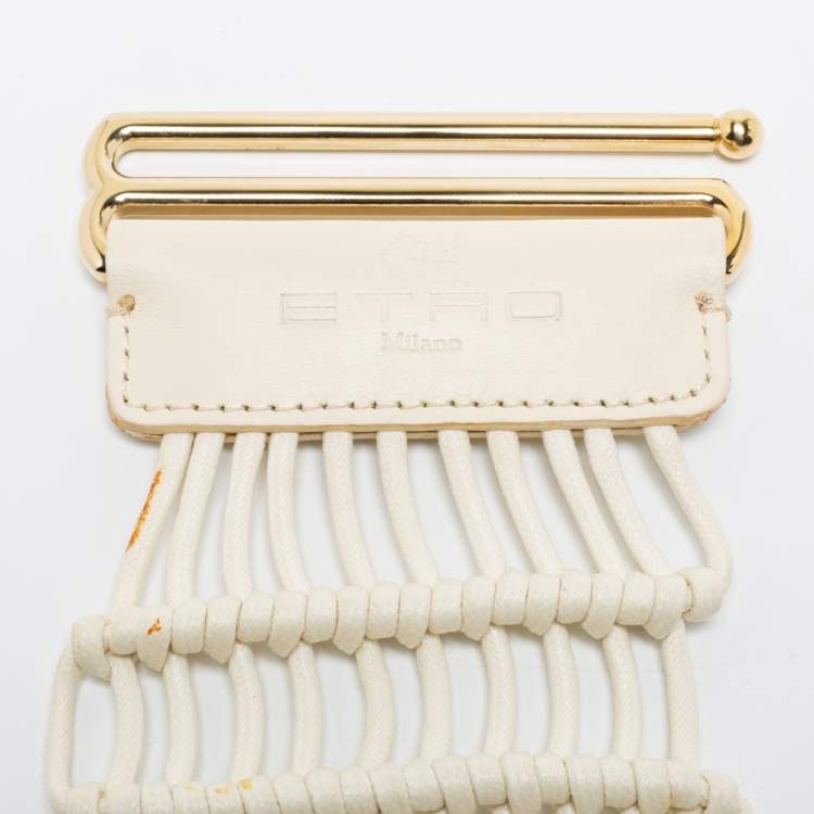 Pre Owned Etro White Leather And Woven Rope Waist Belt 90CM