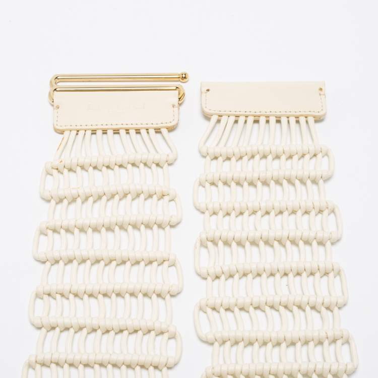 Pre Owned Etro White Leather And Woven Rope Waist Belt 90CM