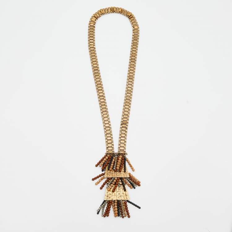 Pre Owned Etro Aged Gold Tone Bead Fringed Long Necklace