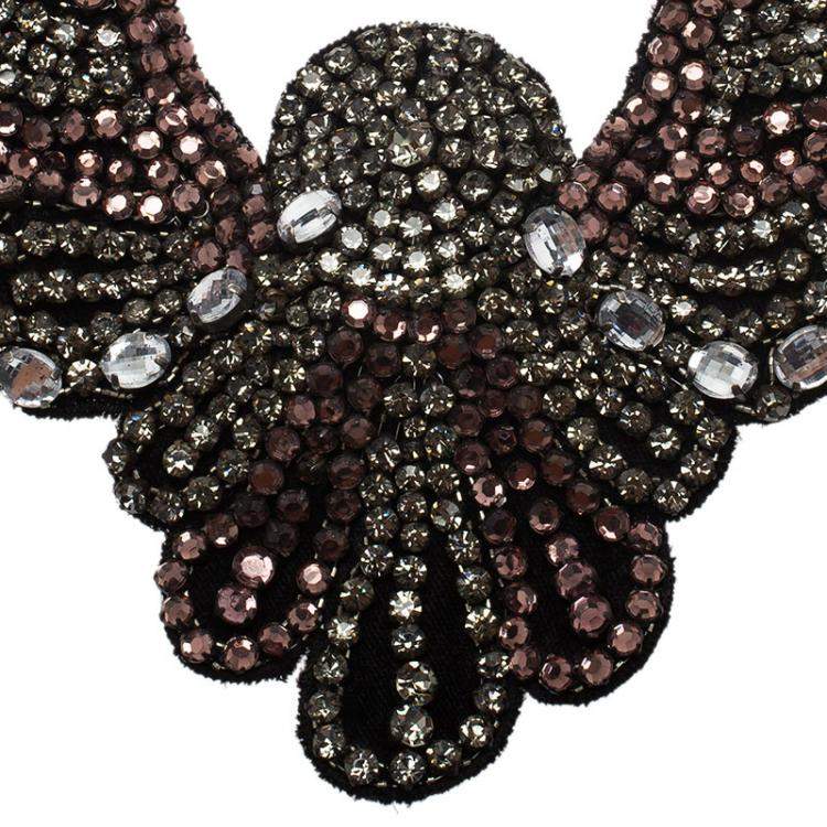 Pre Owned Etro Crystal Studded Bib Black Fabric Necklace
