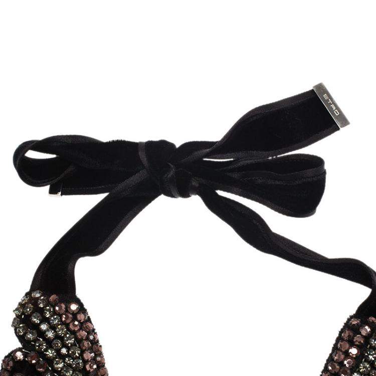 Pre Owned Etro Crystal Studded Bib Black Fabric Necklace