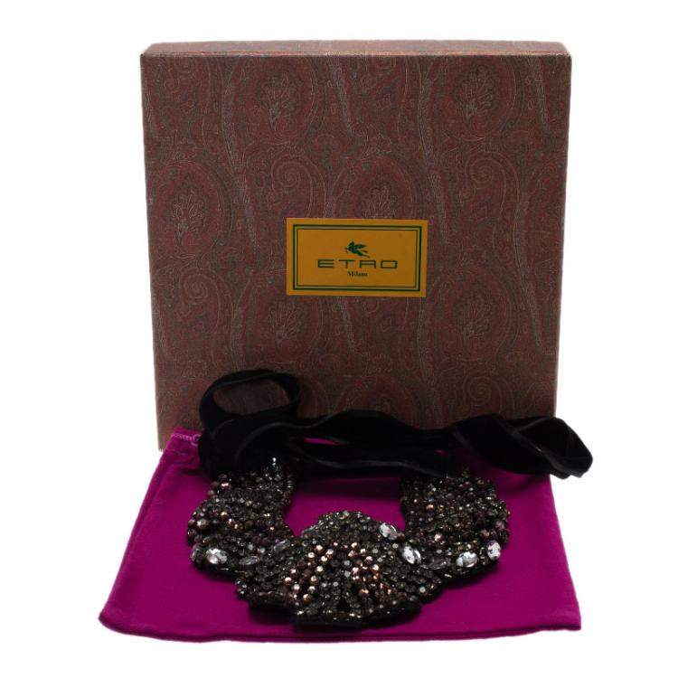 Pre Owned Etro Crystal Studded Bib Black Fabric Necklace