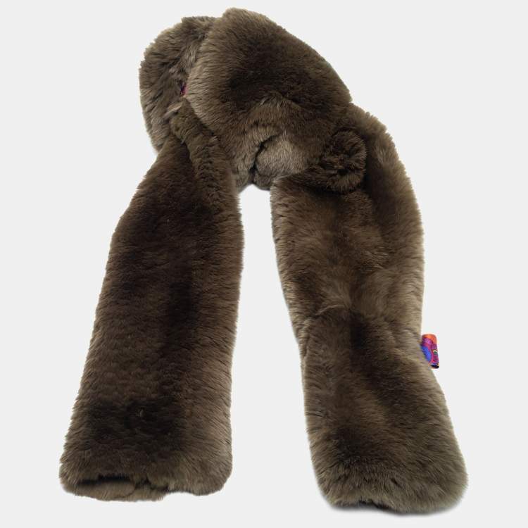 Pre Owned Etro Olive Green Rabbit Fur & Paisley Printed Silk Stole
