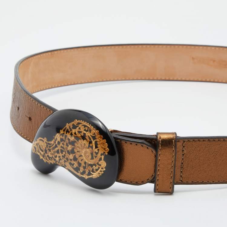 Pre Owned Etro Metallic Brown Leather Buckle Belt 90 CM