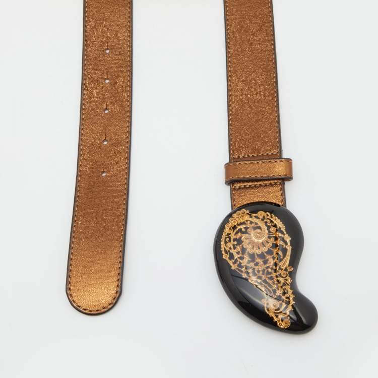 Pre Owned Etro Metallic Brown Leather Buckle Belt 90 CM