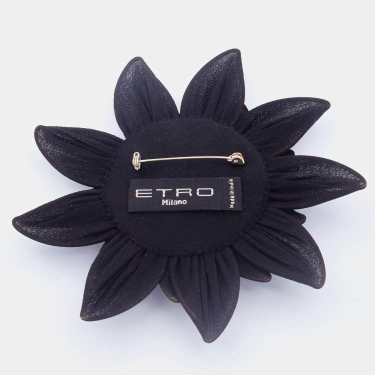 Pre Owned Etro Black Floral Crystal Embellished Fabric Brooch 