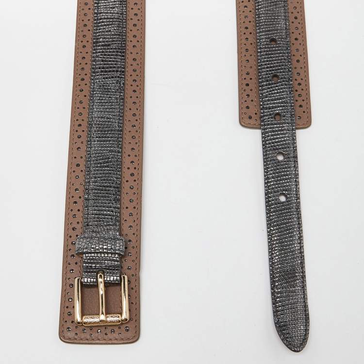 Pre Owned Etro Brown/Silver Lizard Embossed Leather Waist Belt 80CM