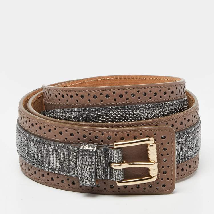 Pre Owned Etro Brown/Silver Lizard Embossed Leather Waist Belt 80CM