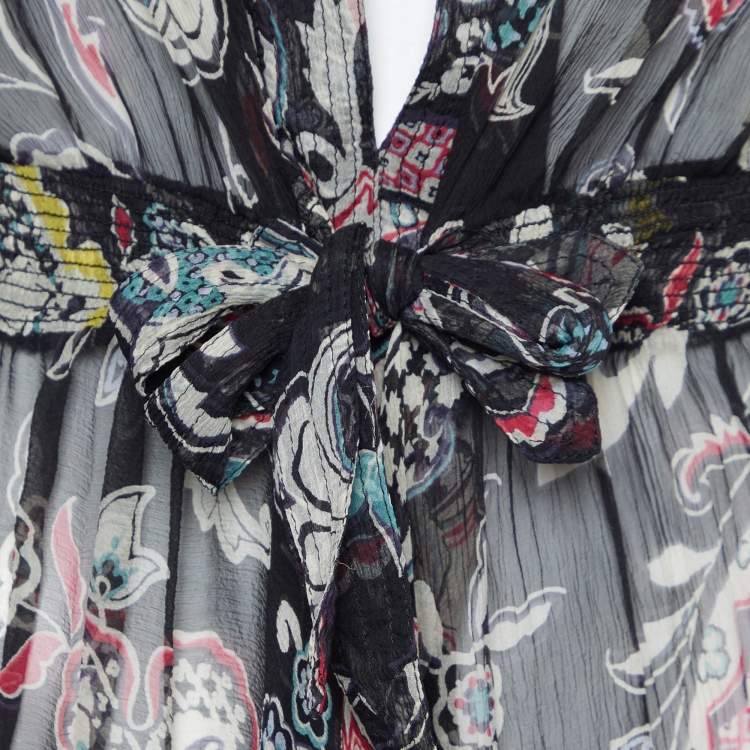 Pre Owned Etro Black Printed Silk V Neck Midi Dress S