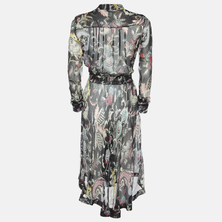 Pre Owned Etro Black Printed Silk V Neck Midi Dress S