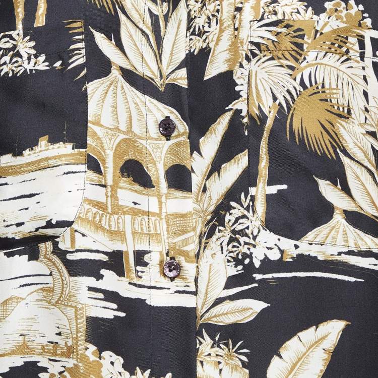 Pre Owned Etro Black Oriental Print and Stripe Silk Shirt Dress M