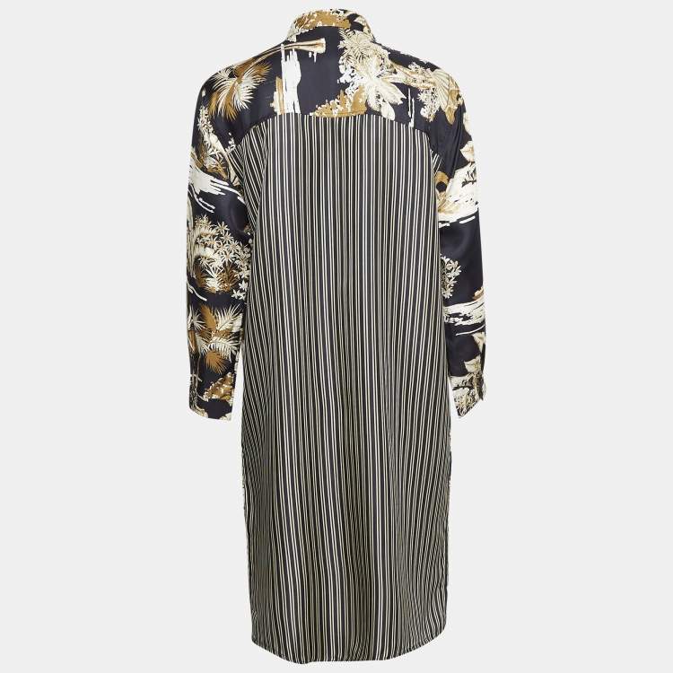 Pre Owned Etro Black Oriental Print and Stripe Silk Shirt Dress M