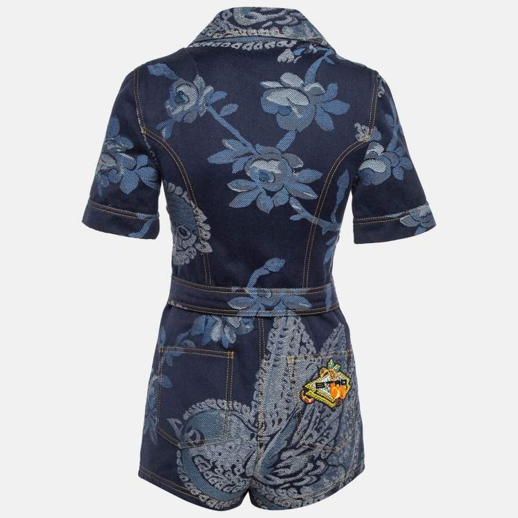 Pre Owned Etro Blue Floral Jacquard Denim Playsuit S