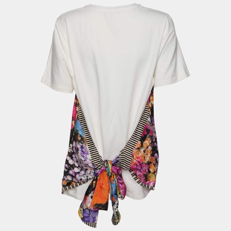 Pre Owned Etro Cream/Multicolor Cotton and Printed Silk T-Shirt M