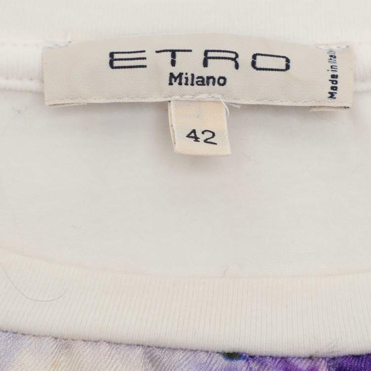 Pre Owned Etro Cream/Multicolor Cotton and Printed Silk T-Shirt M