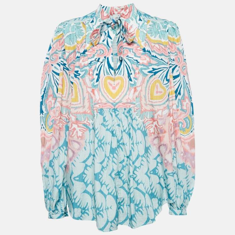 Pre Owned Etro Blue Printed Cotton Blend Billow Sleeve Blouse M