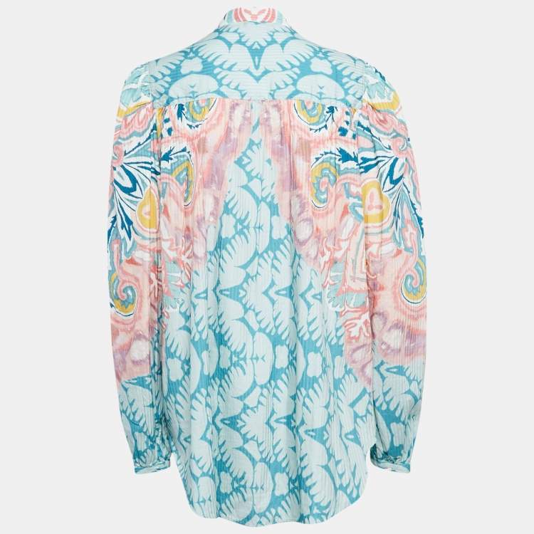 Pre Owned Etro Blue Printed Cotton Blend Billow Sleeve Blouse M