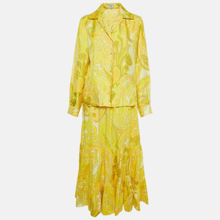 Pre Owned Etro Yellow Printed Silk/Cotton Shirt and Skirt Set M/L