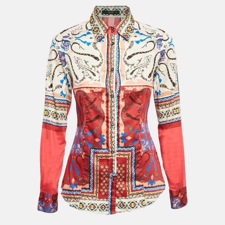Pre Owned Etro Red Tribal Accent Print Stretch Cotton Shirt S 