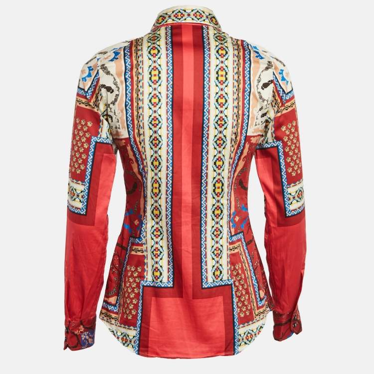 Pre Owned Etro Red Tribal Accent Print Stretch Cotton Shirt S 