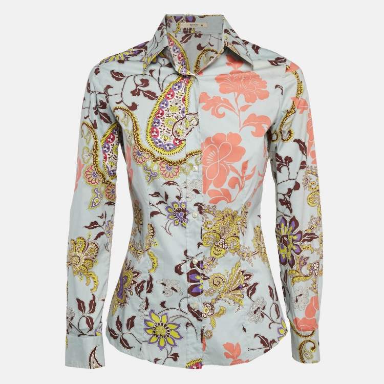 Pre Owned Etro Blue Floral Print Stretch Cotton Shirt S