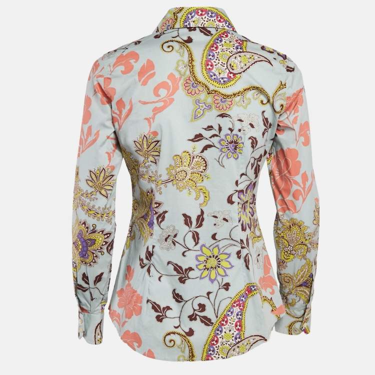 Pre Owned Etro Blue Floral Print Stretch Cotton Shirt S