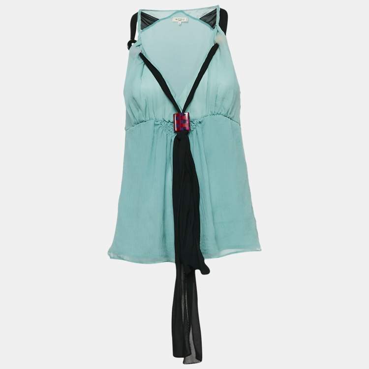 Pre Owned Etro Blue Textured Silk Crepe Sleeveless Bead Detail Top M
