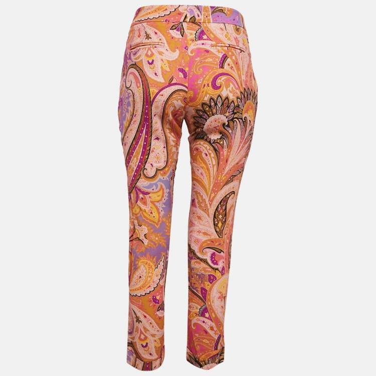 Pre Owned Etro Orange/Purple Paisley Print Crepe Skinny Pants S