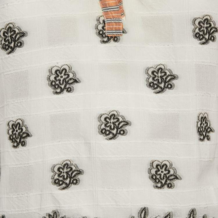 Pre Owned Etro White Textured Brocade V-Neck Top M