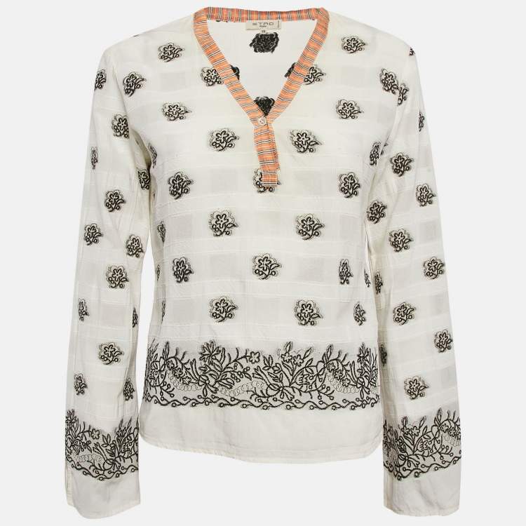 Pre Owned Etro White Textured Brocade V-Neck Top M